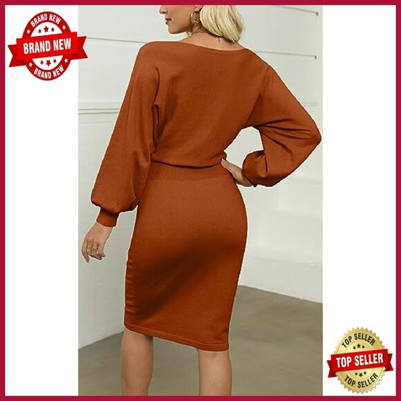 Long Puff Sleeve Ribbed Bodycon Sweater Dress Midi Pullover Stretchy - Picture 5 of 8